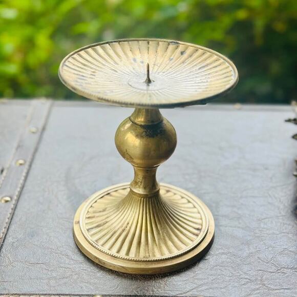 Vintage 6” Solid Brass Candle Holder – Fluted Base & Spiked Plate Top - Picture 1 of 4